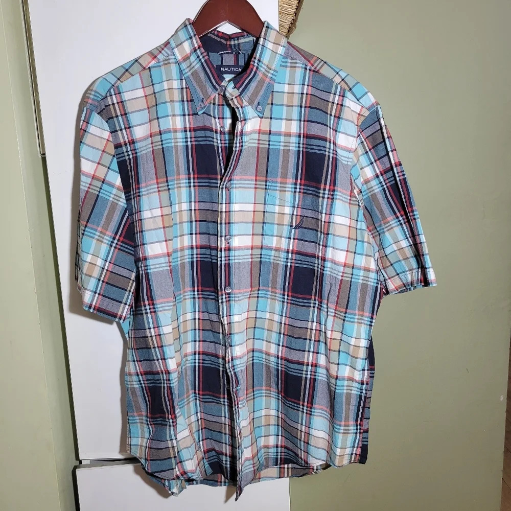 ❤️ 3 for $35 vintage Nautica men short sleeve button down plaid checked shirt XL